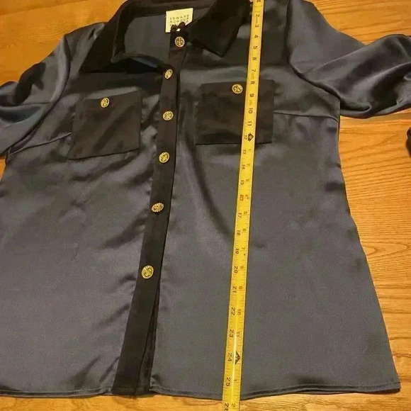 Edward Achour Paris Satin Button Up Shirt 44 Blouse Patch Pocket Metallic Button - Picture 6 of 10